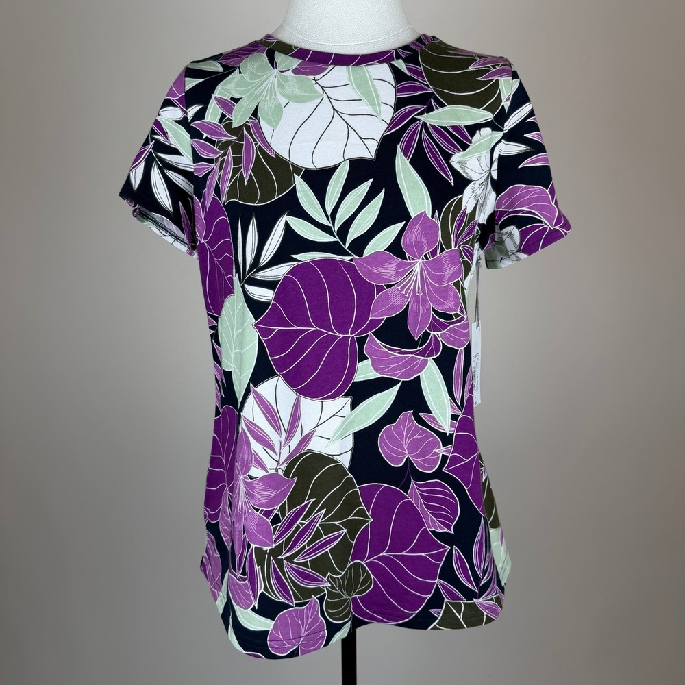 NWT Liz Claiborne Navy Tropical Floral 100% Cotton Top Womens Medium Vacation